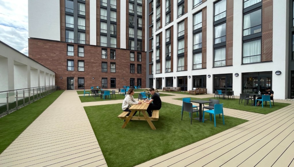 Outdoor courtyard at a modern student accommodation development
