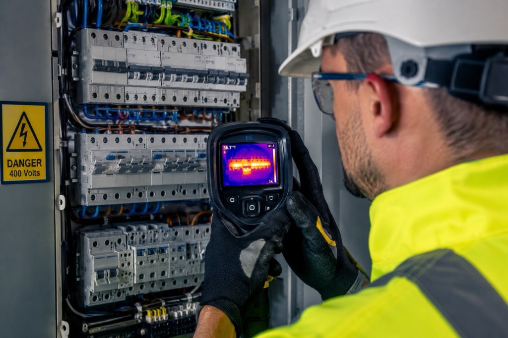 Engineer using thermal imaging to diagnose faults at an electrical distribution board