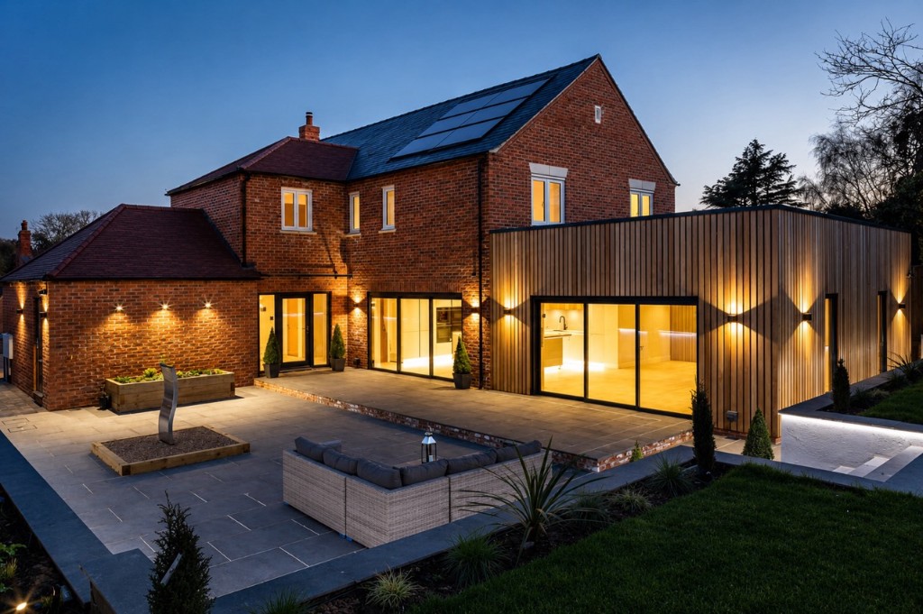 Brookfield House at dusk with exterior lighting, solar panels, and modern extension
