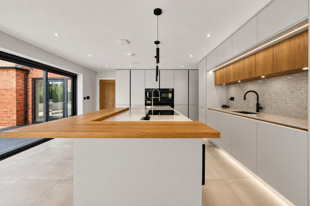 Modern kitchen with recessed downlights, pendant, and under-cabinet LED lighting