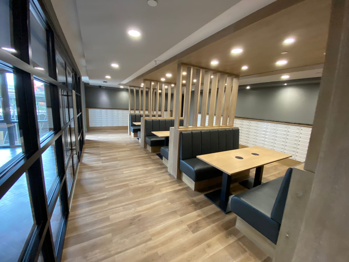 Study booths with integrated table power and slat screening