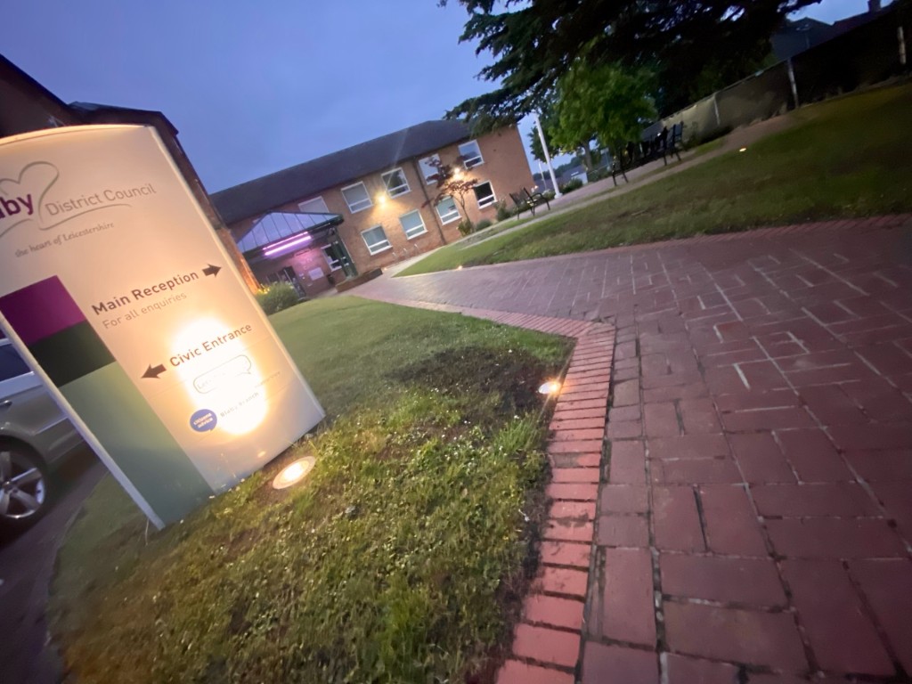 Brick pathway with recessed ground lights leading to council entrance