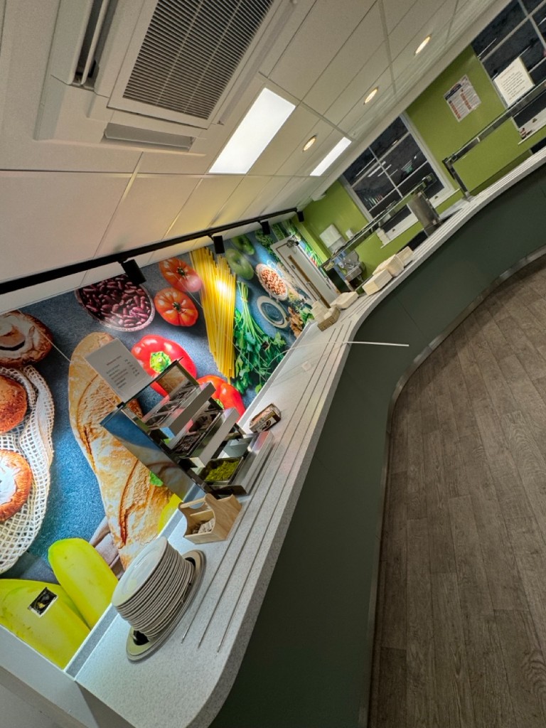 Curved servery counter with track lighting and food mural